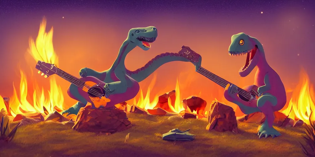 Prompt: A dinosaur playing the guitar beside a campfire, claymation, peaceful, pastel, sharp, Trending on ArtStation, Photorealistic, 8k, Detailed