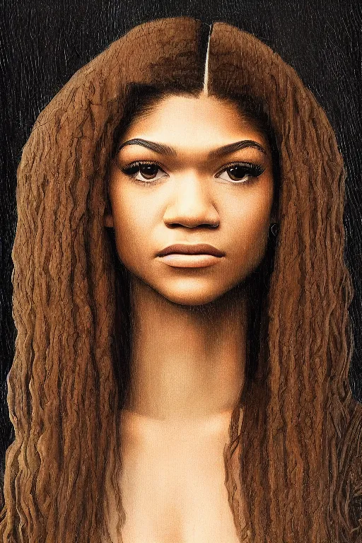 Image similar to a portrait of zendaya in the style of leonardo da vinci drawing,, single head, no double head,