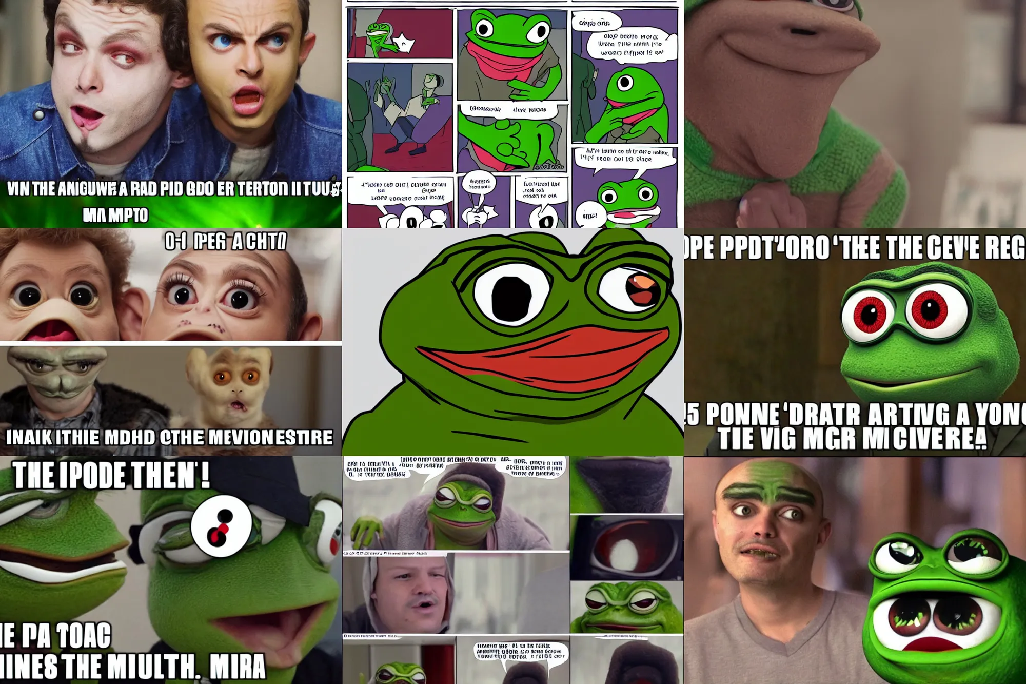 Prompt: Pepe the Frog (played by András Arató) cringing, movie, meme, 8k
