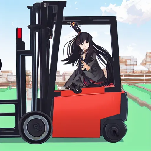 Image similar to a person cosplaying homura akemi operating a forklift