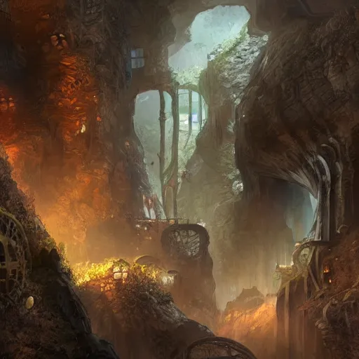 Prompt: a fantasy steampunk city hidden inside a cave, with no text, deep colour\'s, realistic, hyperrealistic, concept art, stylized, unreal engine 5, trending on art station, W 1024