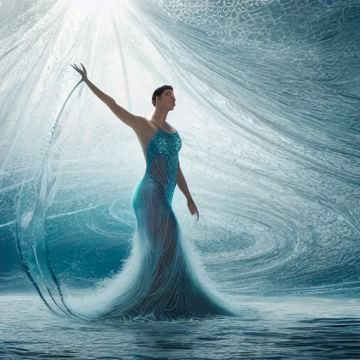 Prompt: large swirling silver translucent shapes in front of jennifer connelly dancing underwater wearing a very long flowing dress made of many translucent layers of silver and blue lace seaweed, caustics lighting from above shines on the sandy bottom, the ocean is chaotic above, octane render, cinematic, hyperdetailed