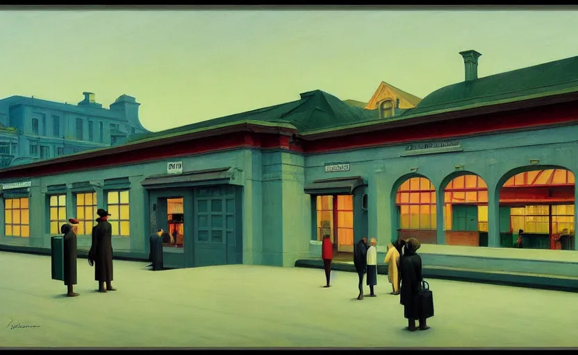 Image similar to Train station, Edward Hopper and James Gilleard, Zdzislaw Beksinski, Mark Ryden, Wolfgang Lettl highly detailed