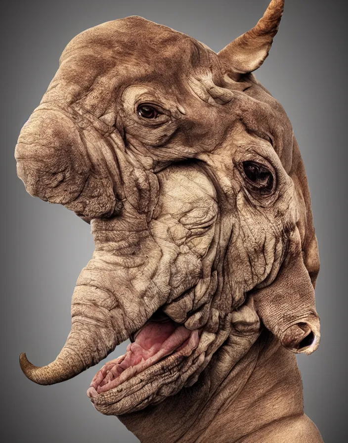 Image similar to portrait of muscular animal human merged head skin, solid background, scales skin dog, cat merged elephant head cow, chicken face morphed fish head, gills, horse head animal merge, morphing dog head, animal eyes, merging crocodile head, anthropomorphic creature