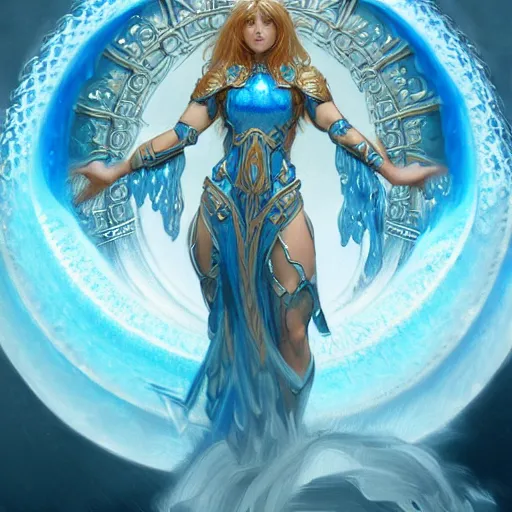 Image similar to a goddess of water wearing blue armor, with arms and hair turning into water, fantasy, intricate, elegant, highly detailed, digital painting, artstation, concept art, wallpaper, smooth, sharp focus, illustration, art by artgerm and greg rutkowski and alphonse mucha