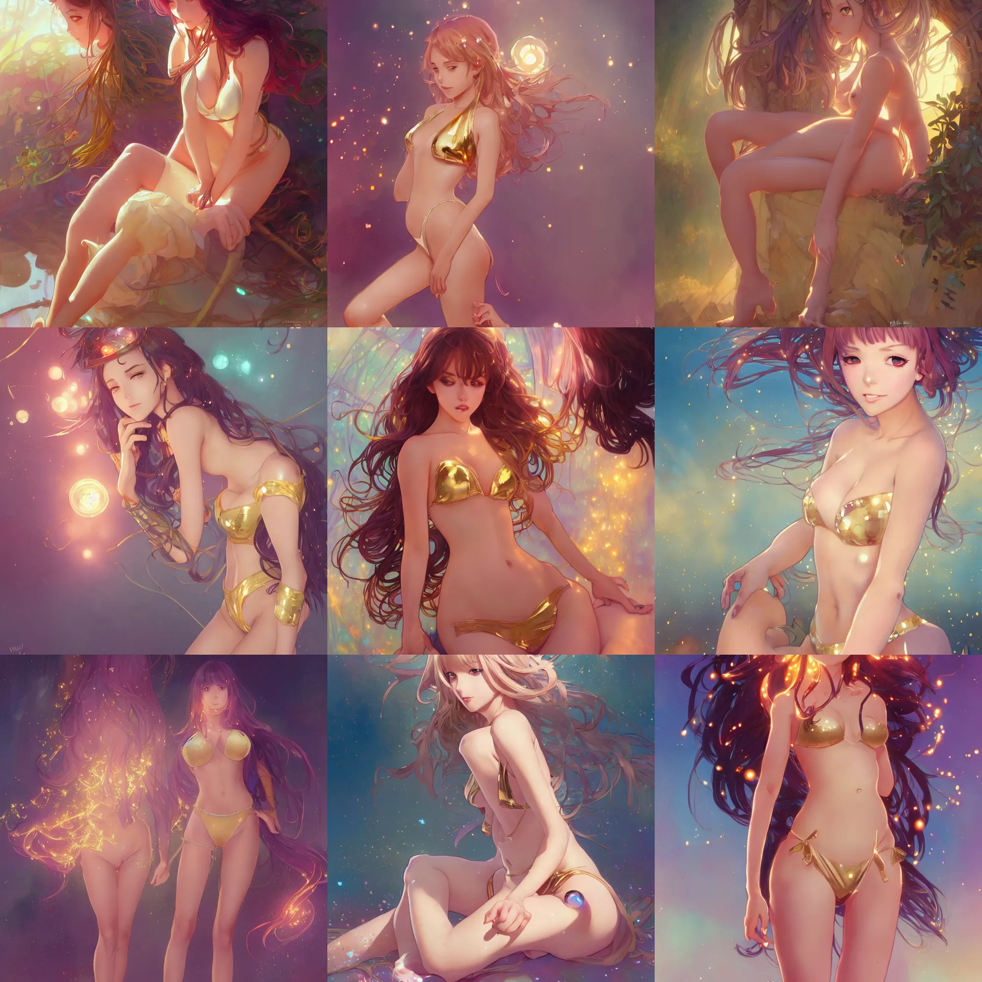 Prompt: sexy anime girl with sparkling eyes, full body playboy set, highly detailed, gold transparent bikini, fantasy, soft cinematic lighting, award, disney concept art, watercolor illustration by mandy jurgens and alphonse mucha and alena aenami, pastel color palette, featured on artstation