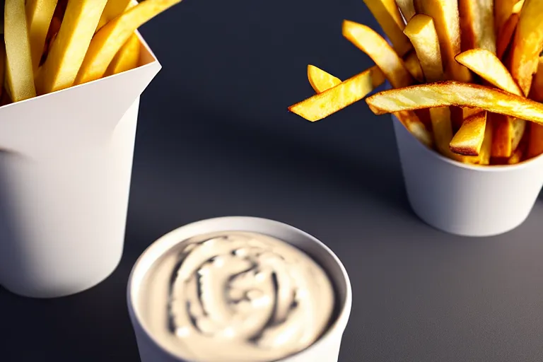 Image similar to best fries, best mayonnaise, best weather, best light, best drink. super realistic 8 k render of a elegant