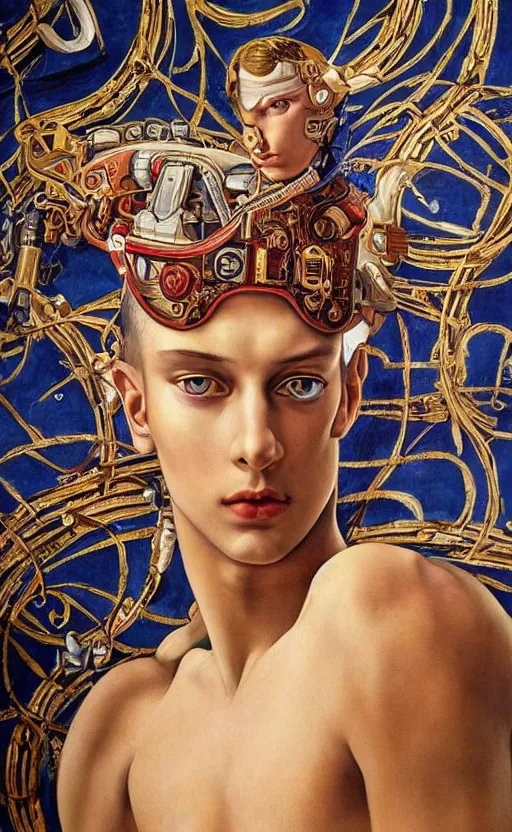 Prompt: beautifully painted mural of a stunning young cyborg prince in ornate royal fabric, piercing glowing eyes, sci fi scenery, vogue cover poses, mural in the style of sandro botticelli, caravaggio, albrecth durer