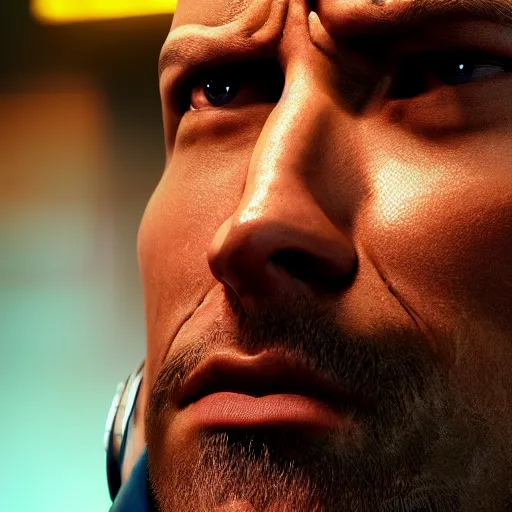 Image similar to dwayne johnson with robotic eye, cyberpunk 2 0 7 7, photorealistic, ultra detailed, neon, octane, bokeh, cinematic lighting, cyber, cyberpunk city, studio quality, feature, scars, cyberface, 8 k