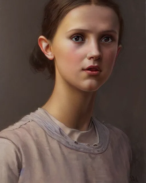 Prompt: a realistic oil painting of a girl resembling alicia vikander or millie bobby brown in an oversize t - shirt, highly detailed, intricate, artstation, by donato giancola and william adolphe bouguereau