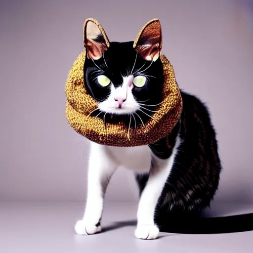 Prompt: cat wearing clothes made by alexander mcqueen