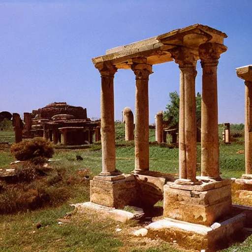 Prompt: photograph the ruined well preserved agora on an ancient city surrounded by a hilly steppe with lush grasslands. the architecture is a mixture of geometric byzantine architecture and ancient indian architecture. wide angle 3 5 mm color film photograph.