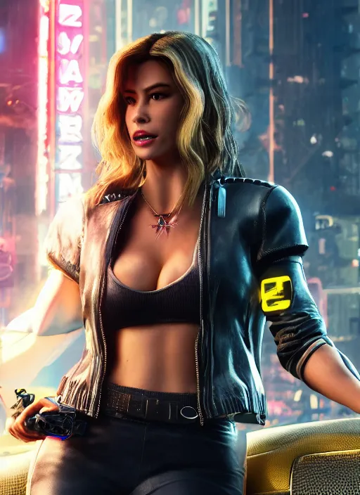 Image similar to film still of Sofia Vergara as Panam Palmer in Cyberpunk 2077, gameplay, 8k, HD