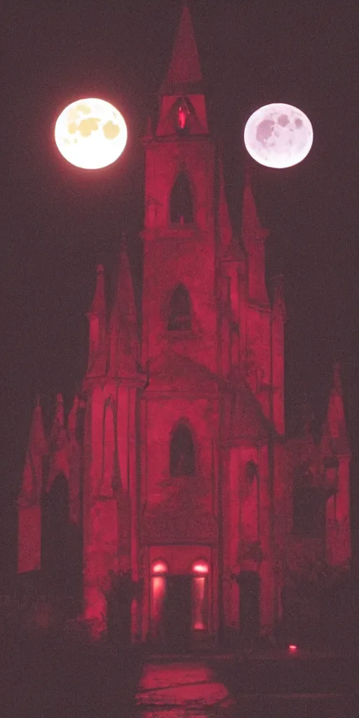 Prompt: satanic church with a red lighting of the interior illuminated by the moon : : ultra mystic : : cinematic