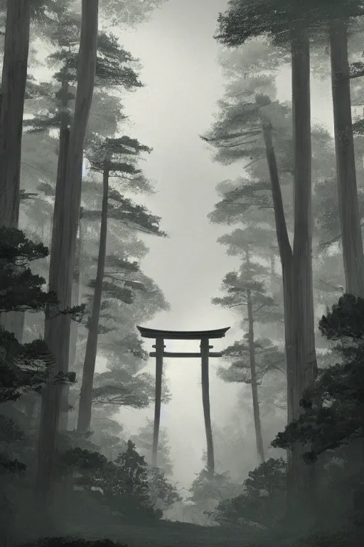 Image similar to Japanese Torii in the center of the picture , torii in a moutain with trees ,night , by Grzegorz Rutkowski, concept art , wide angle