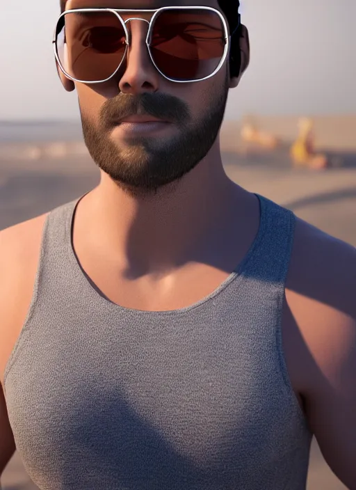Prompt: 3 2 - year - old man, short stubble, wearing fitness tanktop and sun glasses, character design, octane render, 8 k, portrait