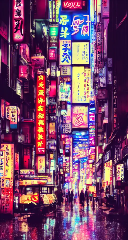 Prompt: tokyo city street at night in the rain with neon signs, ultra detailed, photo realistic, trending on artstation, octane render, unreal engine 5