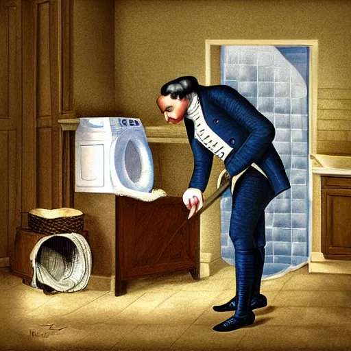 Image similar to george washington washing his clothes next door washing machine digital painting art