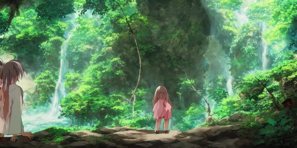 Image similar to anime girl looking into large cave entrance in a lush forest with waterfalls, beautiful ambiance, studio ghibli style, by hayao miyazaki, sharp focus, highly detailed, 4k