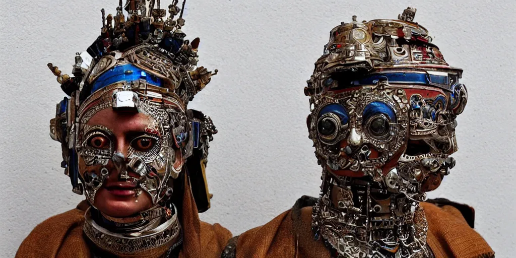 Prompt: a beautiful cyborg made of ceremonial afghan maske