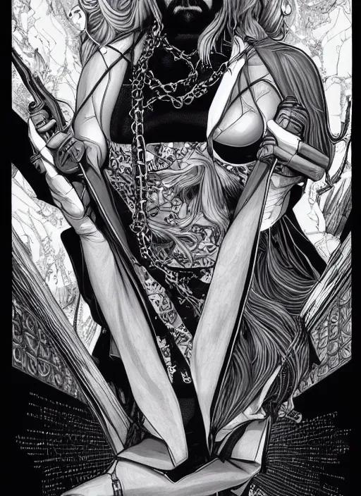 Image similar to big lebowski as a vampire queen, science fiction comic illustration by sana takeda and jenny frison, intricate, stunning inking lines, hyper detailed, 4 k, hd, award winning, photorealistic