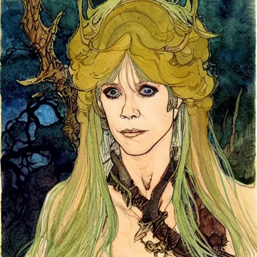 Image similar to a realistic and atmospheric watercolour fantasy character concept art portrait of jane fonda in her 2 0 s as a druidic warrior wizard looking at the camera with an intelligent gaze by rebecca guay, michael kaluta, charles vess and jean moebius giraud