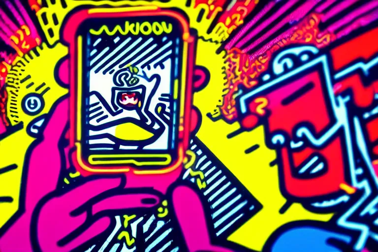 Prompt: someone taking a selfie smiling during the apocalypse, bright neon colors, intricate details, complementary colors, detailed face, backlighting, octane render, depth of field, extremely detailed, trending in artstation, focus on face, sharp focus, radiant light, beautiful composition, drawn by roy lichtenstein, keith haring, romero britto