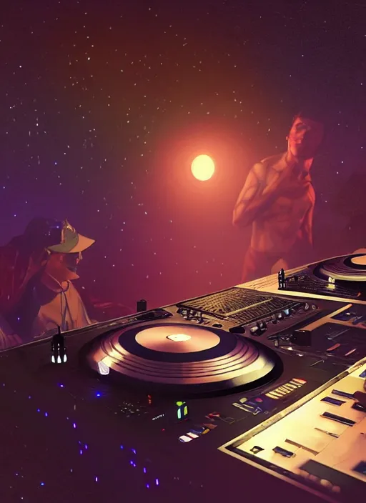 Prompt: A wide shot of a man djing at night under the stars, beautiful, digital art, artstation, hyperrealistic, 8k, unreal engine, octane render, trending on artstation, art by Artgerm and Greg Rutkowski and Alphonse Mucha