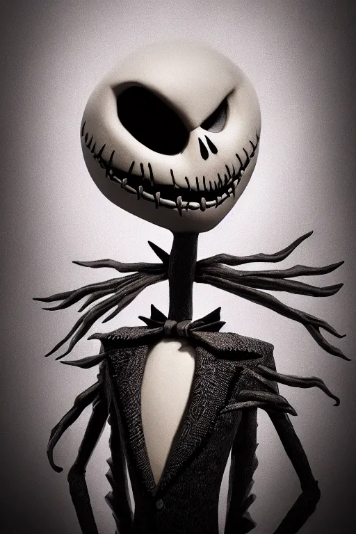 Prompt: a portrait of jack skellington, nightmare before christmas setting, dynamic pose, close - up, intricate details, intricately detailed clothing, intricate textures, warm lighting, vivid colors, smoke and mist, realistic octane render, hyper realistic render, volumetric shading, depth of field, raytracing, 8 k,