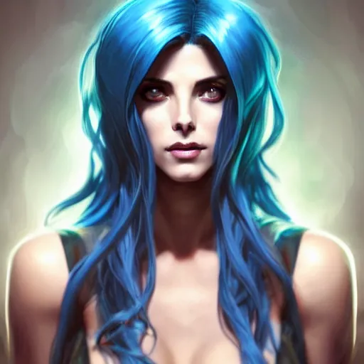 Image similar to Ashley Greene with blue hair as Jinx from League of Legends, western, D&D, fantasy, intricate, elegant, highly detailed, digital painting, artstation, concept art, matte, sharp focus, illustration, art by Artgerm and Greg Rutkowski and Alphonse Mucha