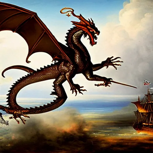 Image similar to historical battle 17th century dragon flying in the background 8k