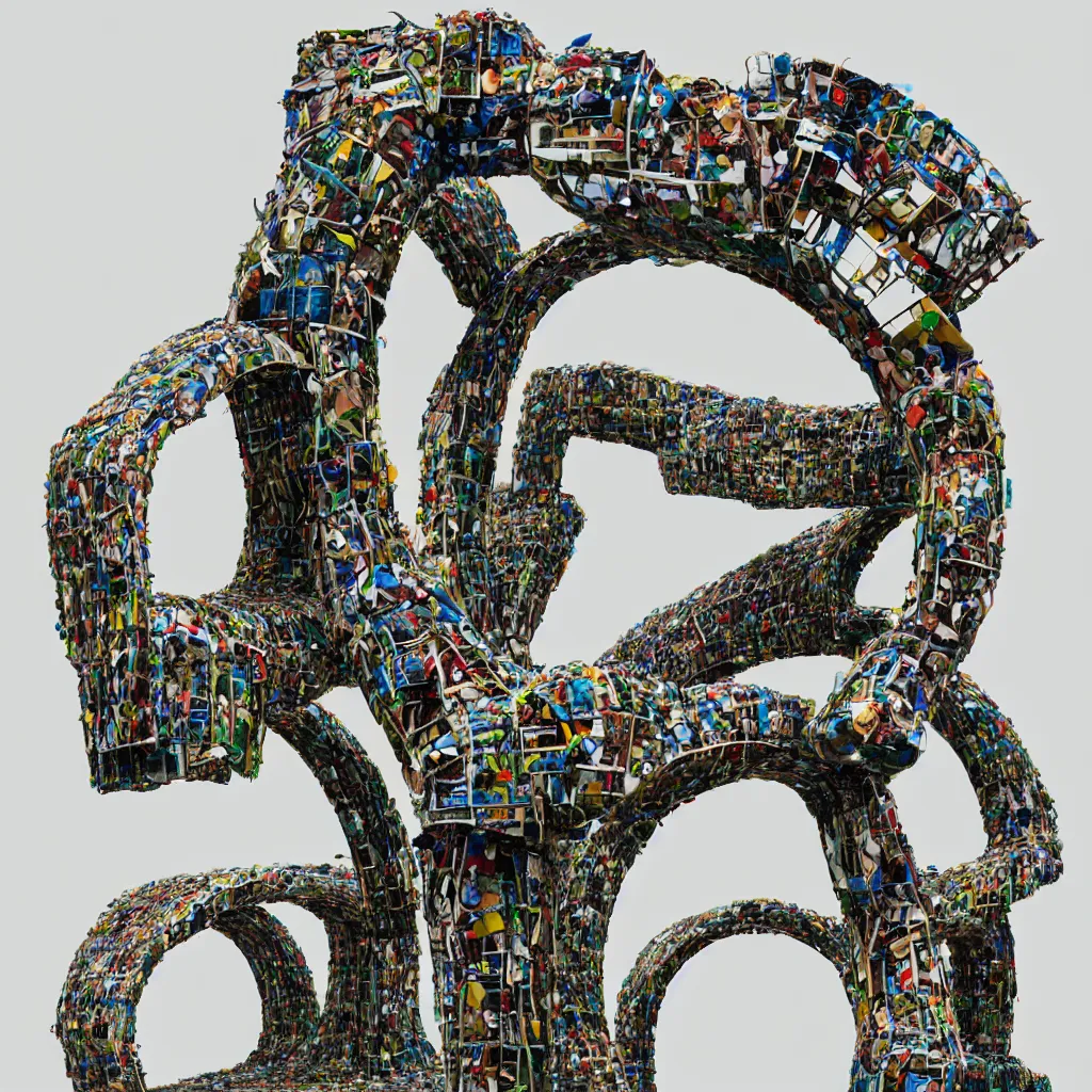 Image similar to photograph of a sculpture made of recycled materials in the shape of and arch, museum, architecture magazine, dezeen, 50mm, pentax, film