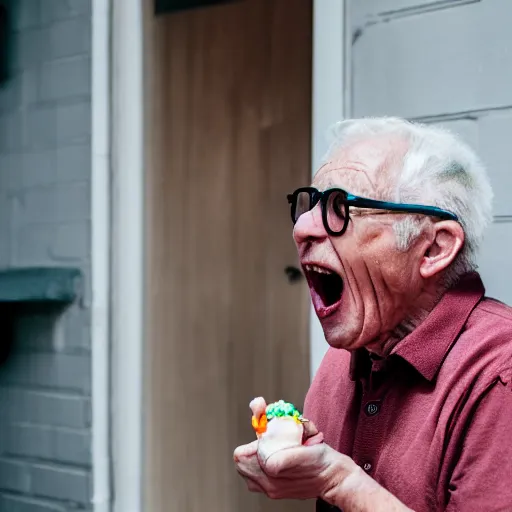 Image similar to portrait of an elderly man screaming at an icecream, canon eos r 3, f / 1. 4, iso 2 0 0, 1 / 1 6 0 s, 8 k, raw, unedited, symmetrical balance, wide angle