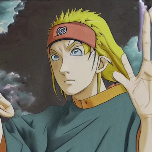 Image similar to Renaissance painting of Naruto Uzumaki from the anime Naruto