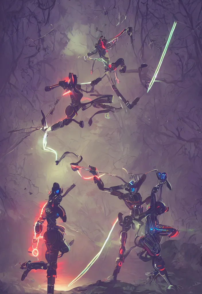 Image similar to , woman with illuminated katana and robot soldier with neon gloves fighting a shadow creature in the forest at night, grand scale , digital effects fantasy ,digital art, illustration, stylized, cel shaded