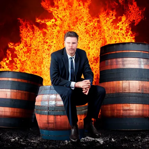 Prompt: professional studio portrait of a business man on fire, close up face, sitting on the floor, huge oil barrels, oil spills, covered in crude oil,, fallen oil barrels, dramatic lighting, dramatic shadows, fire