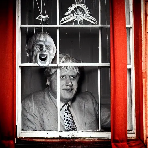 Image similar to a photo taken from the inside of an old house showing the curtains of a window being pulled back to reveal a terrifying boris johnson with his face pressed against the window, boris ’ hand placed on the window, horrifying grin. raining, thunderstorm, night time