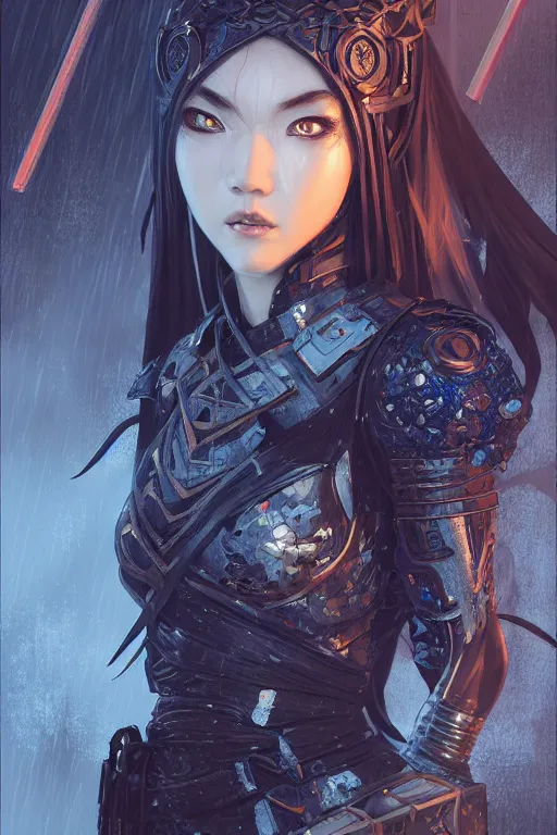 Image similar to portrait Ninja gaiden girl, armored black and blue ninja wardrobe, in ruin japanese rainny temple night, ssci-fi and fantasy, intricate and very very beautiful and elegant, highly detailed, digital painting, artstation, concept art, smooth and sharp focus, illustration, art by tian zi and WLOP and alphonse mucha