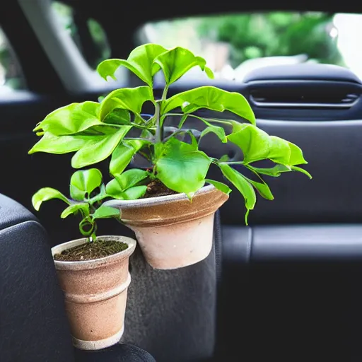 Image similar to small plant on a car back seat, photograph