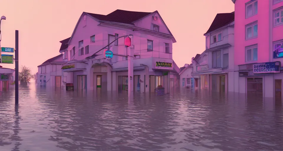 Prompt: a poignant 80s vaporwave outrun 3d Render of a german town being flooded at dusk, soft lighting, matte colors, hazy atmosphere, retro, nostalgic melancholy, grainy, noisy