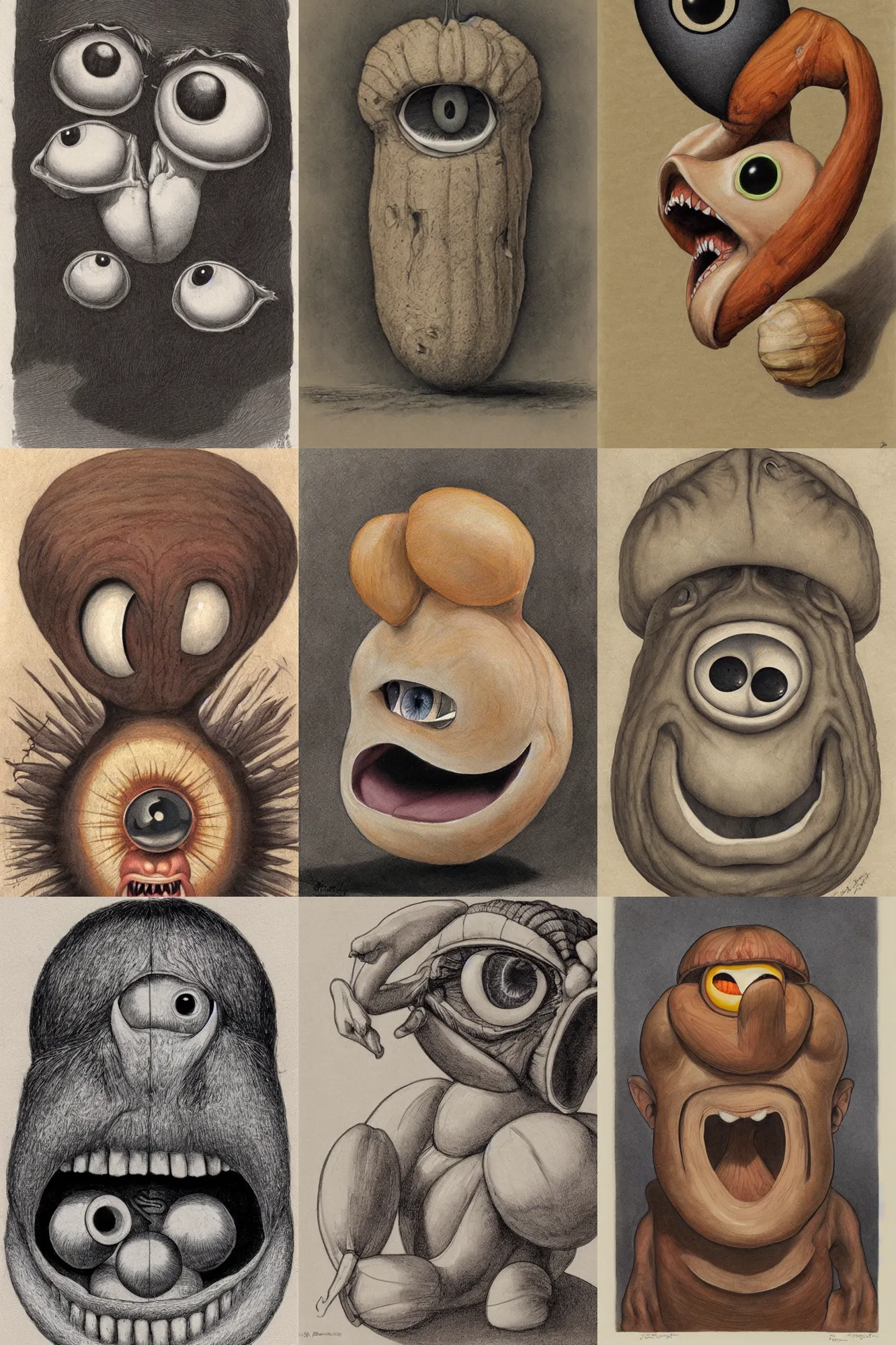 Prompt: a large nut with two eyes and a mouth looks with condemnation by ron cobb