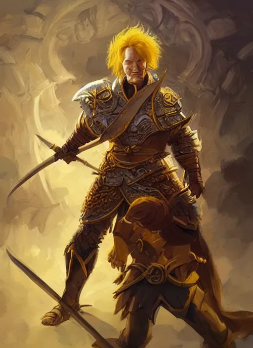 Prompt: illustration of conan o'brien as a dnd paladin with short blond hair and big muscles, yellow hair, straw colored hair, casting a protection spell, by bayard wu