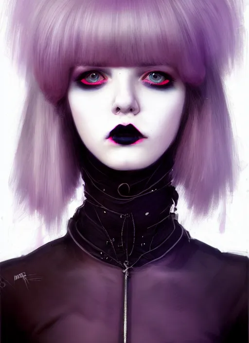 Image similar to portrait of white teenage girl, normal face, white bangs, mall goth, cyberlox, black and white hair, bangs, fluffy bangs, red contact lenses, purple lipstick, intricate, elegant, highly detailed, digital painting, artstation, concept art, sharp focus, smooth, illustration, art by wlop, mars ravelo and greg rutkowski