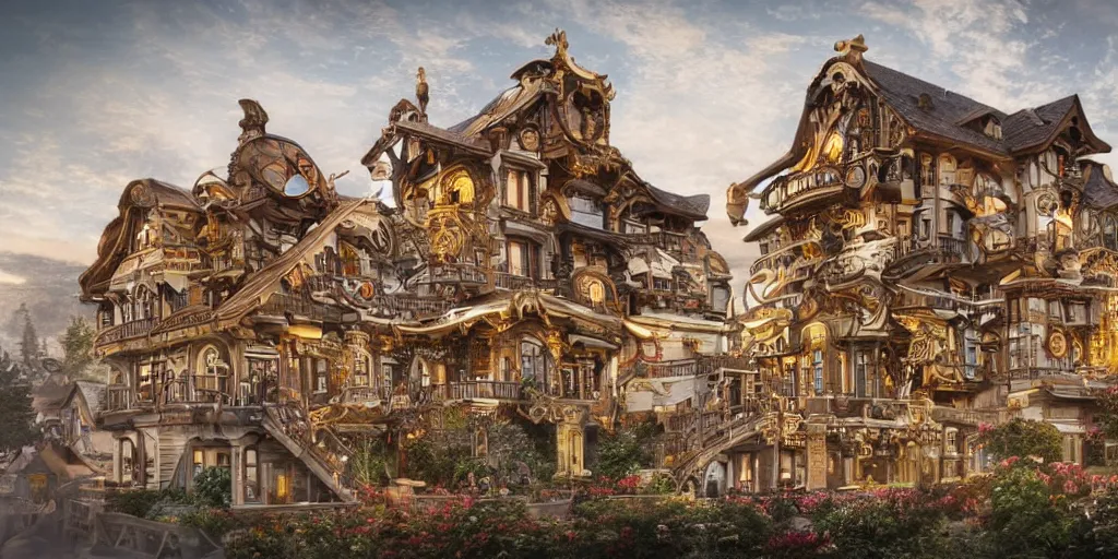 Image similar to Beautiful steampunk Swiss chalet made of intricate watch parts, cogs, gears, gearwheels, levers, jewels, shiny silver, shiny gold, architectural render, futuresynth, by Gabriel Dawe, by Skottie Young, by Jessica Rossier, by Isaac Cordal, Rolex, Breitling, Jacob & Co, Omega, Tag Heur