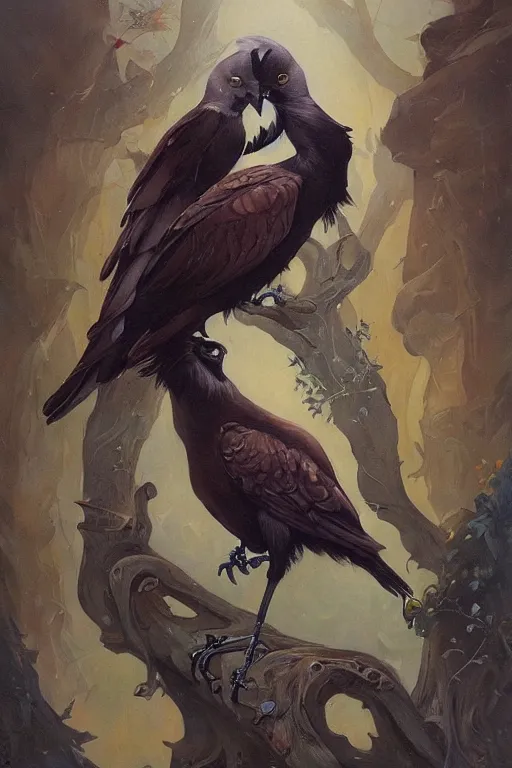 Prompt: Crow fursona by Peter Mohrbacher in the style of Gaston Bussière, Art Nouveau