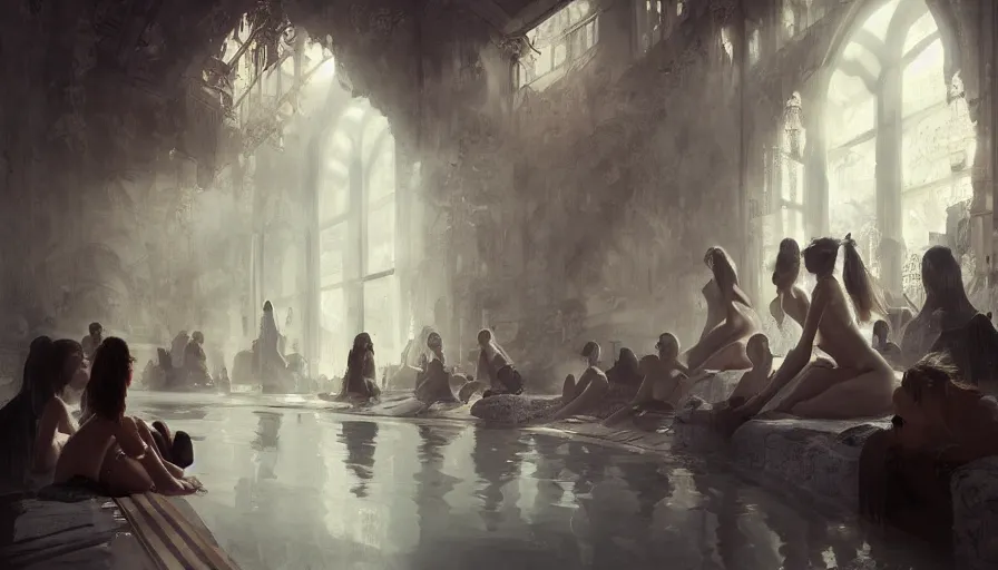 Prompt: bathhouse, women, light, shadows, reflections, epic composition, intricate, elegant, volumetric lighting, digital painting, highly detailed, artstation, sharp focus, illustration, concept art, wlop, artgerm, ruan jia, steve mccurry