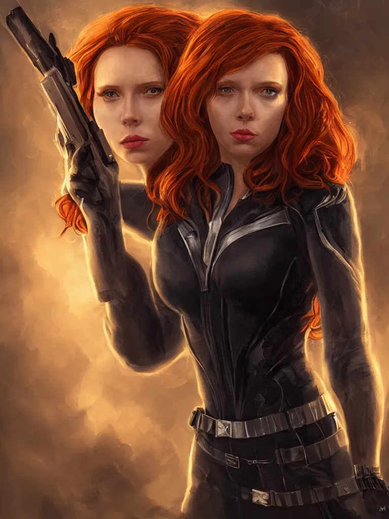 Image similar to portrait of marvel's black widow as a beautiful scandinavian goddess in a icelandic courtyard holding a pistol, decolletage, confident pose, coherent, insane detail, concept art, character concept, cinematic lighting, global illumination radiating a glowing aura