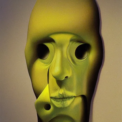 Prompt: Swiss cheese face sculpture, dark fantasy, yellow and green, artstation, painted by Zdzisław Beksiński and Wayne Barlowe