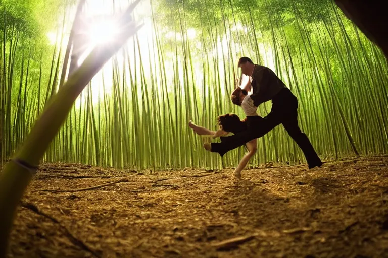 Prompt: cinematography closeup portrait of couple dancing in a bamboo forest, thin flowing fabric, audience of monkeys, natural light by Emmanuel Lubezki