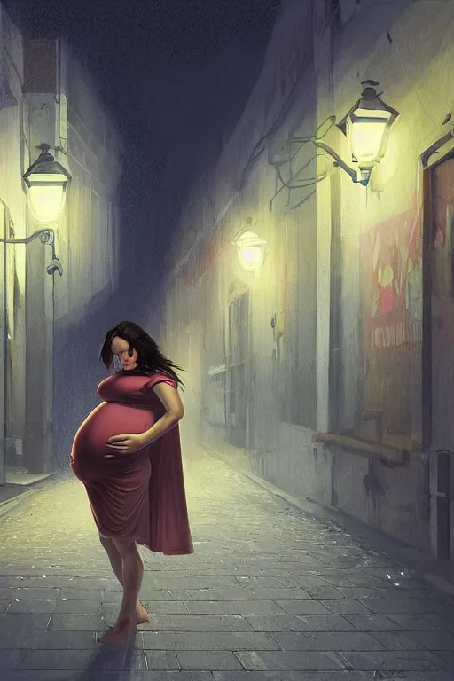 Image similar to pregnant woman under street light, highly detailed, sharp focused, ultra realistic digital concept art by Frederick Sands Brunner